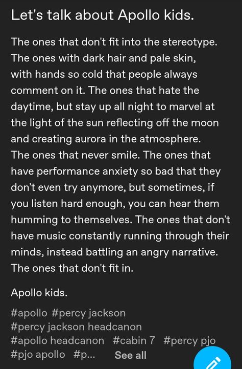 Signs Of Apollo Witchcraft, Pjo Headcanons Apollo Cabin, Apollo Fanart God, Dark Apollo Aesthetic, Apollo Daughter Aesthetic, Pjo Oc Template, Apollo And Icarus Fanart, Cabin 7 Headcanons, Child Of Apollo Headcanons