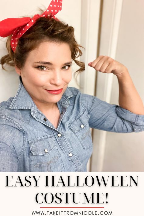 Rosie the Riveter Costume - DIY Halloween Costumes. Best Halloween costumes. Easy Halloween Costume Ideas for Moms. Easy costume ideas for women. Easy halloween costume. Amazon halloween costume Work Appropriate Costumes For Women, Easy Costumes For Moms, Rosie The Riveter Costume Diy, Easy Costume Ideas For Women, Halloween Costumes For Moms, Costumes For Moms, Rosie The Riveter Costume, Mom Halloween Costumes, Amazon Halloween