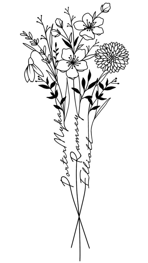 Aesthetic Tattoos Arm, Bouquet Tattoo Design, Tattoos For Someone Who Passed, Women Tattoos Ideas, Tattoo Bouquet, Fireplace Tv Wall Decor, Tiny Wrist Tattoos, Room 2023, Tattoos With Kids Names