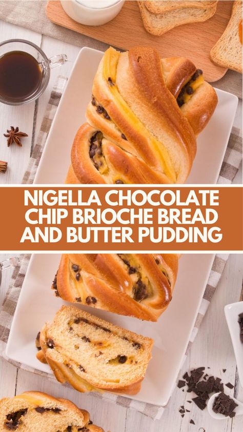 Nigella’s Chocolate Chip Brioche Bread And Butter Pudding is made with stale brioche bread, chocolate chips, eggs, brown sugar, full-fat cream, milk, and granulated sugar resulting in a creamy and chocolatey treat that takes 1 hour and 20 minutes to prepare! Chocolate Chip Brioche Bread, Brioche Bread And Butter Pudding, Chocolate Chip Brioche, Nigella Christmas, Brioche Bread Pudding, Forgotten Cookies, Blackberry Jam Recipes, Nigella Lawson Recipes, Bread Chocolate