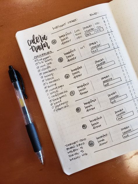 Basic calorie tracker and grocery list to add to your bullet journal. Lots of apreads I've seen for calorie tracking need too much information or take up too much room, and I just wanted something simple. Bullet Journal Index Page, Bullet Journal Period Tracker, Bullet Journal Page Ideas, Journal Page Ideas, Bullet Journal Page, Bullet Journal Key, Calorie Tracker, Habit Tracker Bullet Journal, Health Journal