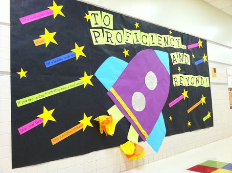 "To Proficiency... and Beyond!" Test-Taking Tips Bulletin Board Test Prep Bulletin Board, Data Bulletin Boards, Space Bulletin Boards, School Counseling Bulletin Boards, Counseling Bulletin Boards, Space Theme Classroom, Data Wall, 3rd Grade Classroom, Fair Projects