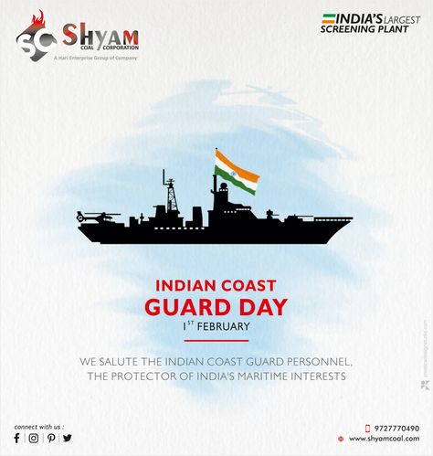 We salute the Indian Coast Guard Personnel, the protector of India's maritime interests. #coastguard #coastguardacademy #nationalday #india #safety #2k21 #coal #coalmining #coalminer #coalkings #coalindia #coalindialimited Indian Coast Guard Day Poster, Indian Coast Guard Day, February Special Days, National Maritime Day, Sports Day Poster, Coast Gaurd, Coast Guard Academy, Indian Coast Guard, Festival Post