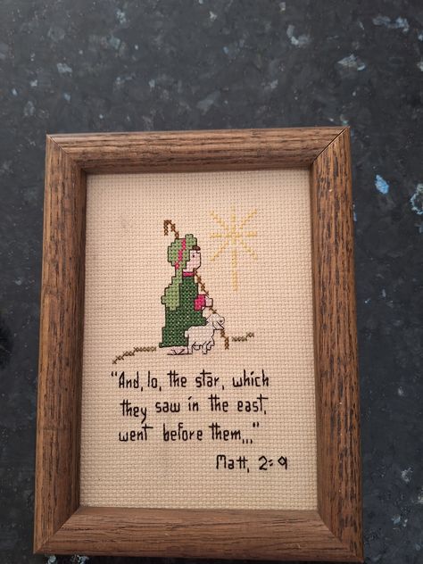 A Nativity Counted Cross Stitched Wall Hanging- Vintage signed dated Dec 1985 on back- Picture measures approx: 8" H x 6" W and 1 & 1/2 " Frame depth Being vintage there may be signs of wear on frame and back ground of embroidered piece has 'dust'?- have not tried to clean. Please refer to pictures- Sold As Is No Returns- Ships US - Lower 48 Only Nativity Cross Stitch Pattern, Nativity Cross Stitch, Back Pictures, Sign Dates, Religious Cross, Stitch Pictures, The Good Shepherd, Cross Stitch Pictures, Vintage Cross Stitches