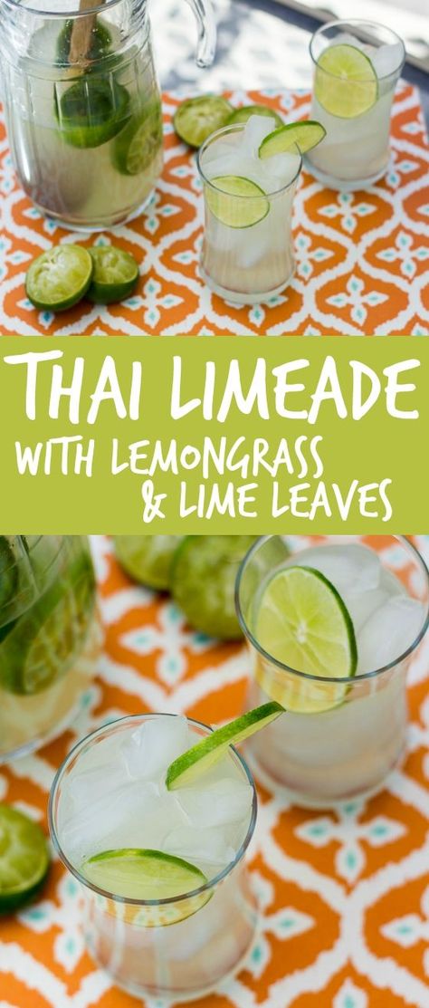 Lime leaf and lemongrass infused simple syrup provides a fresh twist and a bright flavor to this Thai style Limeade! Lemongrass Lemonade, Lemon Grass Drink Recipes, Thai Lemonade, Thai Drinks Alcohol, Lime Leaf Recipe, Thai Beverages, Thai Drinks, Thai Party Food, Thai Cocktails