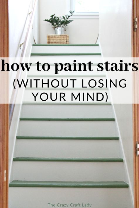 Come see my Magnolia Green Painted Stairs! Learn how to paint your stairs (without losing your mind) with a step-by-step DIY staircase makeover tutorial. Stairs With Lights Ideas, Green Painted Staircase, Green Stairs Painted, Painting Basement Stairs, How To Paint Stairs, Paint For Stairs, Paint Stairs Diy, Painted Stairs Ideas, Stairs Remodeling