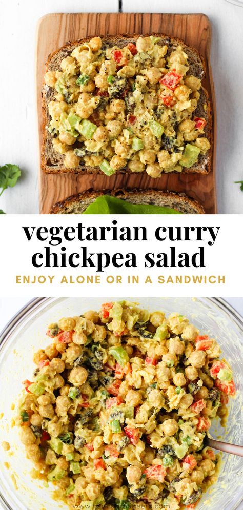 Add this Curry Chickpea Salad to your meal-prep roster! It’s simple to make and a perfect healthy lunch option as it’s packed with veggies, plant-based protein and fibre. Enjoy on it’s own or on a sandwich! #vegetarian #chickpeasalad #currychickpeas #chickpeasandwich #sandwich #glutenfree #healthylunch #mealprep Curry Chickpea Sandwich, Chickpea Salad Curry, Curry Chickpea Salad Sandwich, Curried Chickpea Salad Sandwich, Curry Salad Recipes, Chick Pea Salad Sandwich, Healthy Vegetarian Sandwich Recipes, Beach Salad, Curry Chickpea Salad