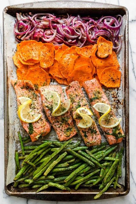 Salmon With Vegetables, Salmon And Sweet Potato, Oven Baked Salmon, Sweet Potato Slices, Baked Veggies, Healthy Salmon Recipes, Real Food Dietitians, Healthy Salmon, Pan Dinners