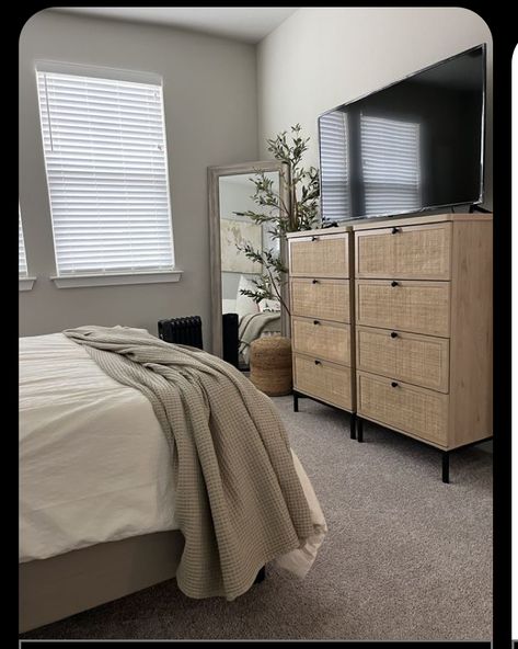 Dresser With Tv On Top, Tv Dresser Bedroom, Modern Bedroom With Tv, Tv Over Dresser In Bedroom, Bedroom Dresser Decor With Tv, Bedroom With Tv, Dresser Decor Bedroom, Bedroom Furniture Layout, Apartment Goals