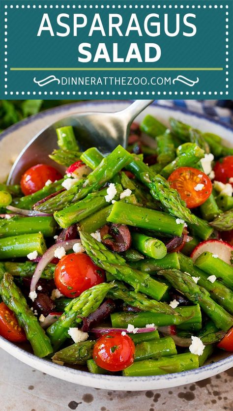 This asparagus salad is tender asparagus, tomatoes, olives, red onion and radishes, all tossed in a homemade dressing and topped with feta cheese. A unique and delicious springtime salad that is sure to get rave reviews! Tender Asparagus, Asparagus Salad Recipe, Best Asparagus, Fresh Salad Recipes, Asparagus Salad, Cold Salad, Veggie Salad, Homemade Dressing, Asparagus Recipe