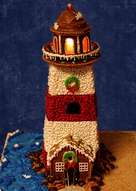 Gingerbread Lighthouse Template, Lighthouse Gingerbread House, Gingerbread Lighthouse, Lighthouse Cake, Gingerbread Contest, Gingerbread Designs, Gingerbread Inspiration, Homemade Gingerbread House, Gingerbread Creations