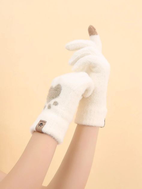 Fluffy Paw Pattern Gloves | SHEIN USA Fuzzy Gloves, Gloves Aesthetic, Winter Gloves For Women, Paw Gloves, Gloves Knitted, Paw Pattern, Fingerless Gloves Knitted, Wardrobe Outfits, Fabric Animals