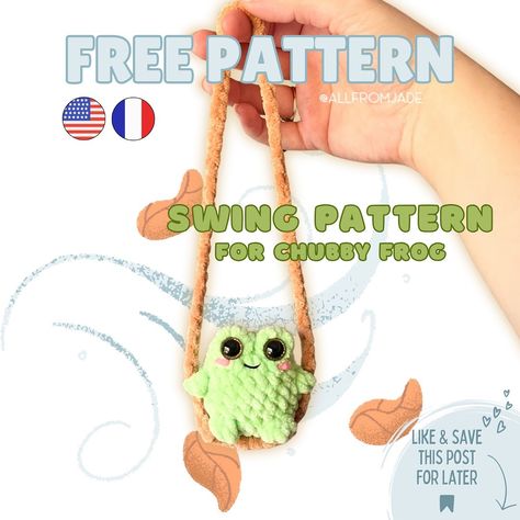 Jade Gauthier-Boutin | FREE PATTERN 🍃 🇺🇸 & 🇫🇷 This is a free pattern to make the SWING that you can use with my no-sew Chubby Frog pattern (paid pattern). ✨ S… | Instagram Crochet Swinging Animal, Frog Crochet Pattern Free, No Sew Amigurumi Free Pattern, Crochet Ocean, Frog Crochet Pattern, All About Me Crafts, Free Amigurumi Crochet Patterns, Frog Pattern, Crochet Toys Free