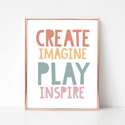 Excited to share this item from my #etsy shop: Play Imagine Wall Art Print, Colorful Wall Decor Quote for Girls Nursery Bedroom or Playroom Quotes For Playroom, Fun Playroom Decor, Playroom Signs Wall Decor, Play Quotes For Kids, Daycare Wall Decor, Playroom Quotes, Kids Room Art Prints, Laundry Room Update, Play Quotes