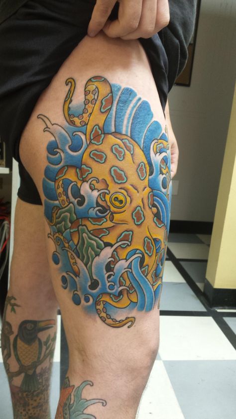 Fresh Blue Ringed Octopus by Joe at Alliance Tattoo Newark, DE Tentacle Tattoo, Blue Ringed Octopus, Ringed Octopus, Sheep Tattoo, See Tattoo, Unusual Tattoo, Octopus Tattoo Design, Octopus Tattoos, Jellyfish Tattoo