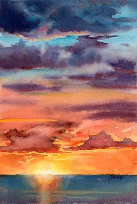 Sharon Lynn Williams' Art Blog: "Sunset i", watercolour painting by Sharon Lynn Williams - Reference Pintura A Guache, Akvarel Illustration, Lukisan Lanskap, Charcoal Drawings, Cat Air, Watercolor Sunset, Watercolor Paintings Easy, Seni Cat Air, Watercolor Landscape Paintings