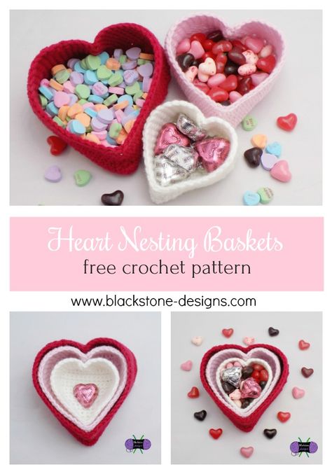 Heart Nesting Baskets - Free Crochet Pattern • Blackstone Designs Crochet Heart Box Free Pattern, Free Heart Crochet Pattern, Crocheted Hearts, Heart Basket, Crochet Valentines, Crochet Valentine Patterns, Crochet Basket Pattern Free, Nesting Baskets, Crochet Heart Pattern