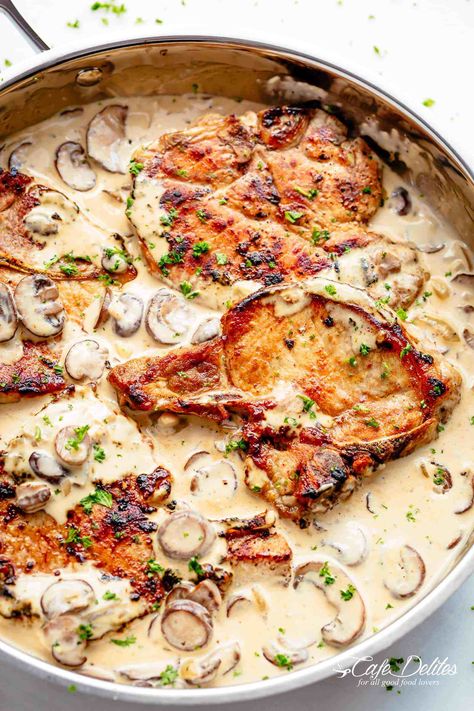 Easy Creamy Pork Chops Easy Creamy Pork Chops, Cafedelites Recipes, Cafe Delights, Garlic Mushroom Sauce, Mushroom Pork Chops, Creamy Garlic Mushrooms, Seared Pork Chops, Easy Pork Chops, Pork Chop Dinner