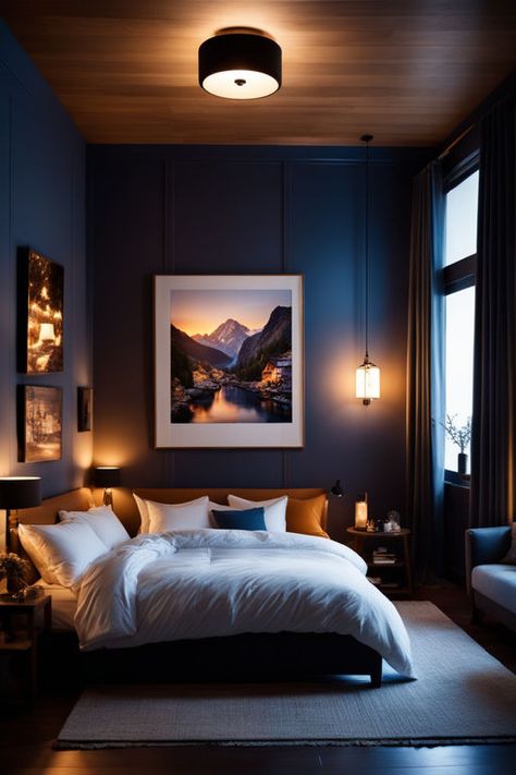 "dark sexy lighting background in a bedroom" - Playground Dark Bedroom Walls, Dark Blue Rooms, Blue Bedroom Walls, Dark Blue Bedrooms, Moody Bedroom, Dark Bedroom, Cosy Bedroom, Bedroom Wall Colors, Bedroom Decor Ideas