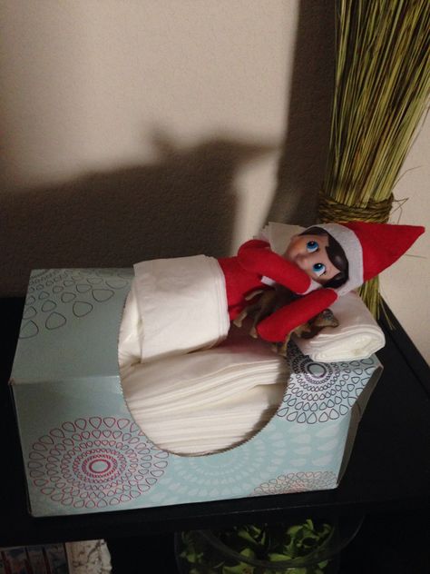 Elf on the shelf ~ day 8. Sleeping in a tissue box Sleeping Elf On The Shelf, Classroom Elf, Awesome Elf On The Shelf Ideas, Student Christmas Gifts, Elf Fun, Elf Ideas, Christmas Classroom, Community Events, Angry Birds