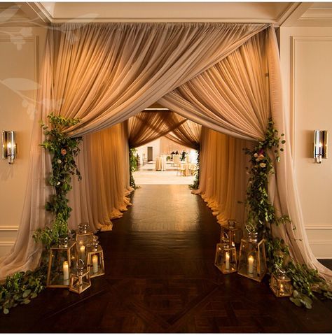 Draped grand entrance to your reception Backdrop Inspiration, Wedding Reception Entrance, Draping Ideas, Wedding Reception Hall, Reception Entrance, Reception Backdrop, Wedding Ceremony Ideas, Wedding Reception Backdrop, Indoor Reception