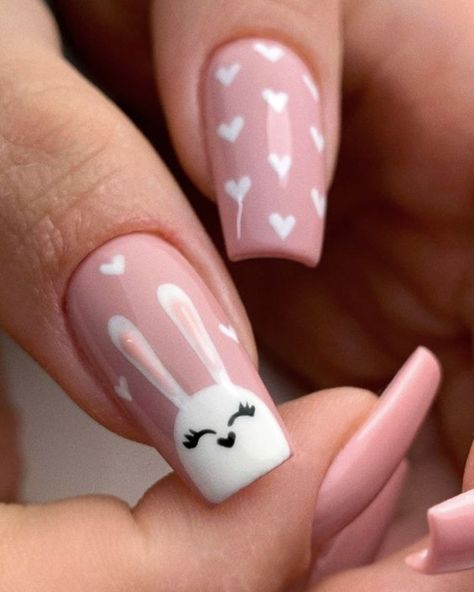 Simple Nail Designs Easter, Nail For Easter, Nail Art Easter Bunny, Easter Nail Designs Bunny, Nails With Bunnies, Nails With Bunny Design, Easter Bunny Nails Design Spring, Easy Bunny Nail Art, Rabbit Nail Art Design