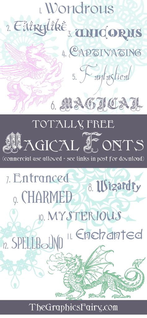 Free Magical Fonts - The Graphics Fairy  ~~ {12 free commercial use fonts w/ easy download links} Magical Fonts, Magic Font, Computer Font, The Graphics Fairy, Commercial Use Fonts, Aesthetic Fonts, Graphics Fairy, Fancy Fonts, Unique Fonts