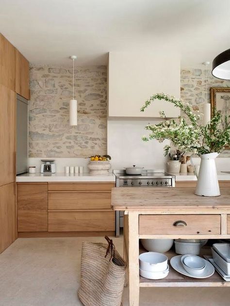 Scandinavian Kitchen with warm wood island and stone accent wall Dapur Skandinavia, Modern Scandinavian Kitchen, Dapur Rustic, Storage Island, Farmhouse Rustic Kitchen, Rustic Farmhouse Kitchen Cabinets, Scandinavian Kitchens, Model Dapur, Interior Dapur