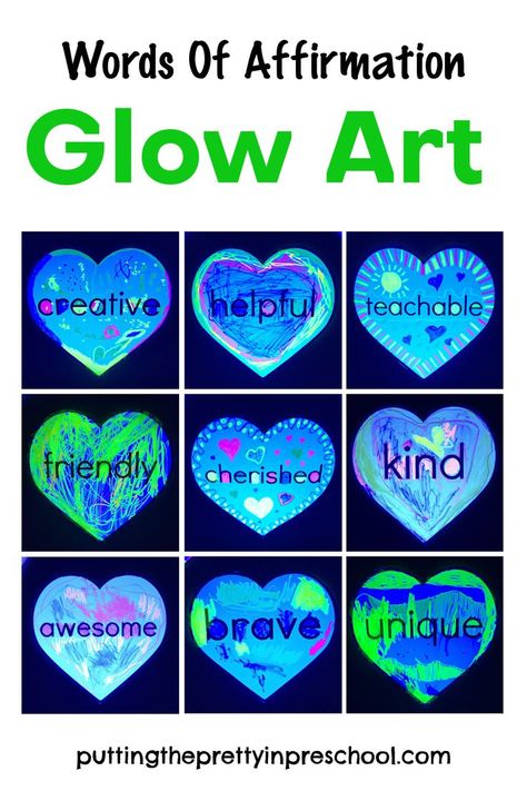 This black light "Words Of Affirmation" Glow Art activity is a must-try. It is a science, art, and language self-esteem-building project. Words Of Affirmation Activities, Glow Theme Classroom Door, Glow In The Dark Arts And Crafts, Glow Party Crafts For Kids, Neon Day Activities, Glow Day Craft, Glow Crafts For Kids, Glow Activities For Kids, Glow In The Dark Art For Kids