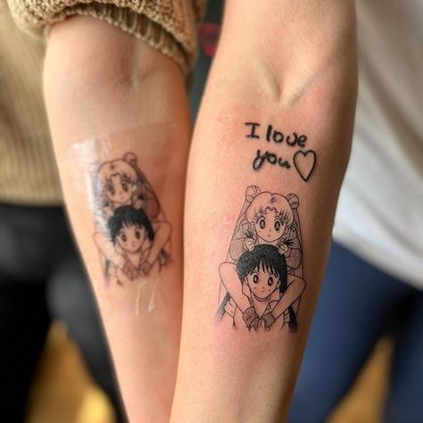 Sailor Moon Sister Tattoos, Sailor Moon Friendship Tattoo, Gnarly Tattoos, Friendship Tattoo, Random Tattoos, Think Tattoo, Sailor Moon Tattoo, Moon Tattoos, Manga Tattoo