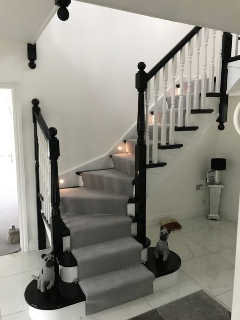 Black and white stairs Black Staircase Carpet, Black White And Grey Staircase, Black White Stairs With Runner, Black And White Stairs With Carpet, Black And White Stairs And Landing, Cream And Black Staircase, Grey And Black Staircase, Black And White Staircase With Carpet, Black And White Hall Stairs And Landing