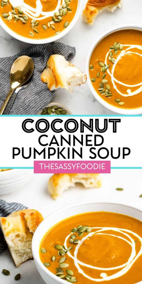 Pumpkin soup, or autumn squash soup, is a classic, comforting fall dish. For the days that you are running low on time, or just feeling a bit lazy, this coconut curry canned pumpkin soup is the perfect solution. This soup requires no blender, and no fresh produce, either! Ready in under 10 minutes, you have a comforting hug in a bowl. Serve with shortcut pizza dough focaccia, or any of these delicious side dishes that go perfectly with fall soups! Canned Pumpkin Soup, Autumn Squash Soup, Autumn Squash, Comforting Hug, Delicious Side Dishes, Family Breakfast Recipes, Pumpkin Squash, Curry Soup, Fall Dishes