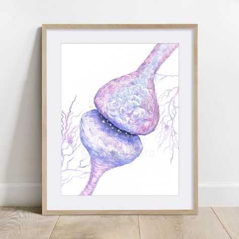 Title: Synapse Science Art print, Synaptic cleft Biology Poster, Watercolor science wall decor, Neurology art This poster has the watercolor illustration of Synapse, or synaptic cleft. - Museum quality, high resolution image - High quality colors - Heavyweight ultra smooth matte paper - Frame is not included Synapse Art, Biology Painting, Science Wall Decor, Science Artwork, Neurology Art, Biology Poster, Science Wall, Abstract Science, Motivational Art Prints