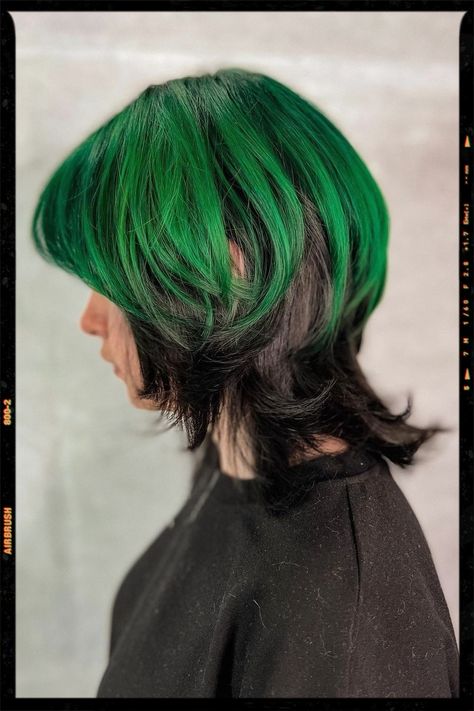 Green Color Wolf Cut Hair Green Undercut Hair, Short Hair With Green Underneath, Cut Wolf, Short Green Hair, Haircolor Ideas, Dyeing Hair, Wolf Cut Hair, App Filter, Gradient Hair