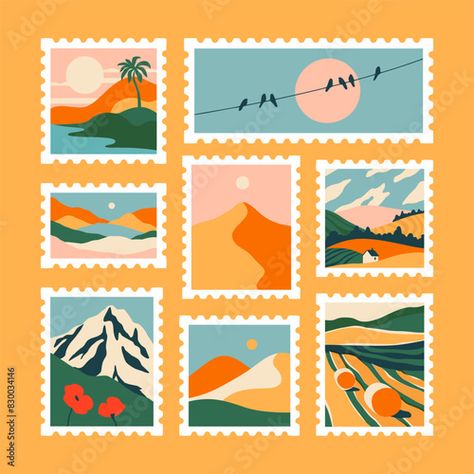 Stock Image: Set of retro nature landscape post card stamp. Vintage style natural environment scenery postage sticker collection, travel destination mail, beautiful tourism scenery. Includes mountain, beach view. Post Card Design Creative, Stamp Carving Ideas, Post Card Stamp, Vintage Travel Stickers, Stamp Card Design, Pottery Carving, Retro Landscape, Retro Nature, Vintage Postcards Travel