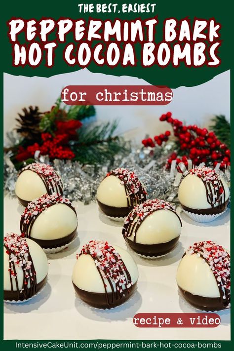 Peppermint Bark Hot cocoa bombs; white and semisweet chocolate shells filled with hot cocoa mix, marshmallows, crushed peppermint candy, and topped with chocolate drizzles and crushed peppermint Christmas Hot Chocolate Bombshell, Hot Cocoa Bombshell, Cocoa Bombshell, Diy Peppermint Bark, Christmas Cocoa, Hot Cocoa Bomb, Christmas Hot Cocoa, Diy Hot Chocolate, Bombe Recipe