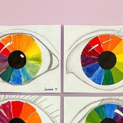 Mrs. Barnes on Instagram: "5th grade did a color theory lesson. They learned vocab, mixed tints and shades and then mixed their color wheels which they turned into eyes. 👀 #art #artistsoninstagram #artproject #artprojectsforkids #artlessonsforkids #artlesson #studentartwork #elementaryartteacher #colorfulart #colorwheel #mixingpaint #5thgradeart #5thgrade" Square One Art, Color Theory Painting, Color Theory Lessons, Color Art Lessons, Colorful Art Projects, Tints And Shades, Color Wheels, Art Education Lessons, Eyes Art