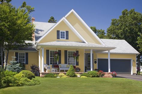 Oregon Pride Vinyl Siding | Horizontal Vinyl Siding | Mitten Vinyl Yellow Siding, Yellow House Exterior, Siding Colors For Houses, Exterior Siding Colors, Colors For House, Paint Colors For House, Exterior House Siding, Best Exterior Paint, House Paint Color Combination