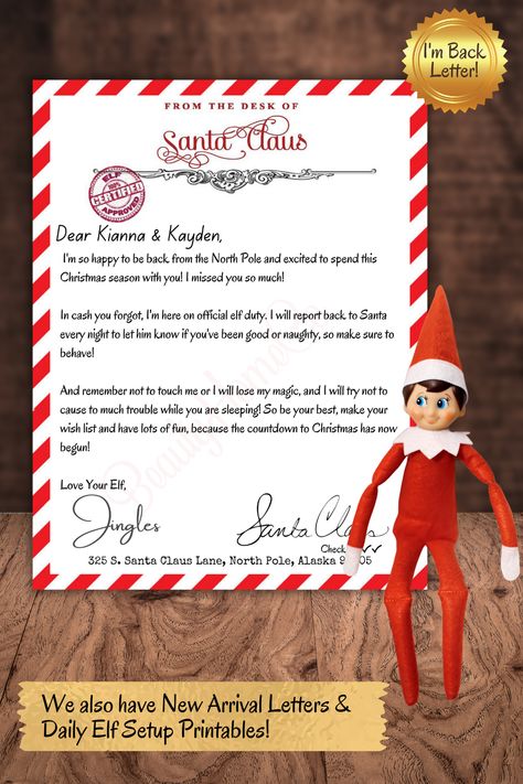 This is Editable I'm Back Elf and Santa Letter for your little loved one(s) The handwritten look helps you easily disguise your handwriting. It is also so cute to start this tradition of receiving a letter from your Elf , it gives the children such a warm smile. * The Watermark in the background WILL NOT be there when you receive your file.* Ok To Touch Elf On The Shelf Letter, Elf Pets Arrival Letter, Elf On The Shelf Return Note, Elf I’m Back Note, Kids Christmas Letter, You've Been Booed Printable, Personalized Letters From Santa, Elf Letters, Birthday Goodie Bags