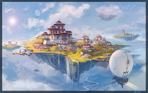 Flying Castle, Décor Steampunk, Floating Islands, Floating Island, Castle In The Sky, Fantasy City, Fantasy Castle, Fantasy Setting, Fantasy Places