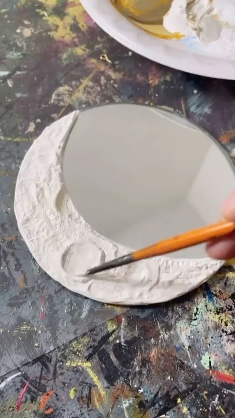 mebrian_ • Original Audio Aesthetic Beauty Room Decor, Clay Moon Mirror, Moon Aesthetic Room Decor, Moon Gift Ideas Diy, Paint On Mirrors Ideas, Moon Ceramic Ideas, Clay On Mirror, Ceramic Art Ideas Creative Easy, Plaster Crafts Diy