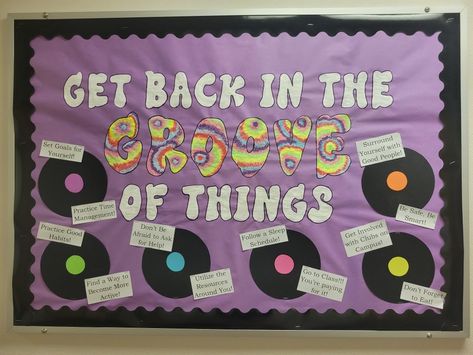 Record Bulletin Board, 60s Bulletin Board Ideas, Welcome Back High School Bulletin Board, Music Theme Bulletin Board Ideas, Rock And Roll School Theme Bulletin Boards, Y2k Bulletin Board, Decades Bulletin Board Ideas, Pop Culture Bulletin Board Ideas, Elementary Music Classroom Decor Themes