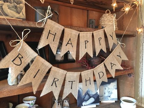 Brown Paper Bag Garland, Burlap Birthday Decorations, Rustic Birthday Decor, Cookout Decorations, Western Banner Ideas, Burlap Banner Ideas, Brown Paper Happy Birthday Banner, Wilderness Party, Burlap Birthday Banner