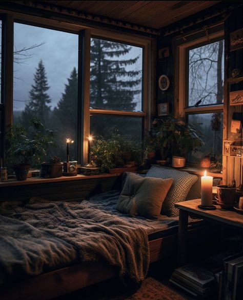 Gloomy House Interior, Rainy Cozy Bedroom, Fall Winter Bedroom Ideas, House Asthetic Picture Interior, Cabin Room Aesthetic, Dark Cosy Bedroom, Cosy Room Ideas, Witchy Cabin, Home Cozy Aesthetic