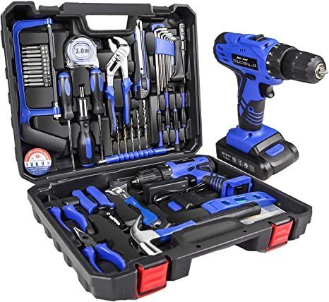 jar-owl 21V Tool Set with Drill, 350 in-lb Torque, 0-1350RMP Variable Speed, 10MM 3/8'' Keyless Chuck, 18+1 Clutch, 1.3Ah Li-Ion Battery & Charger for Home Tool Kit Round Pouch, Cordless Hammer Drill, Hand Tool Kit, Hand Tool Set, Kit Design, Drill Set, Cordless Tools, Amazon Basics, Household Tools