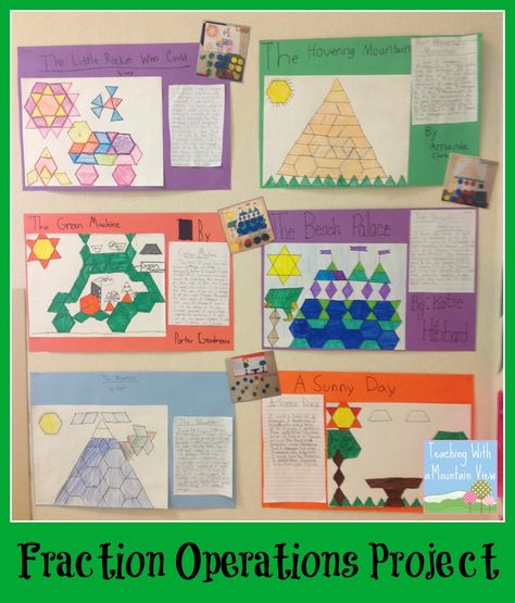 Here's a pattern block project to help students review fraction operations. Fraction Operations, 4th Grade Fractions, Operations With Fractions, Multiplying Fractions, Teaching Fractions, Fraction Activities, Fifth Grade Math, Fun School, Math Projects