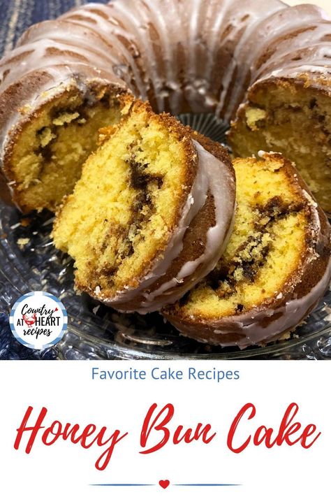 Honey Bun Cake reminds me of breakfast with my dad. Made with a yellow cake mix with added cinnamon and spices and a honey-flavored icing that's perfect for Autumn. #honeybuncake #cakes #desserts #honeybuns #donuts #cinnamonrolls #bundtcake #bundtcakerecipes #cakerecipes #honey #cinnamon #spices #fallspices #countryatheartrecipes Flavored Icing, Honey Bun Cake, Bun Cake, Honey Cinnamon, Honey Bun, Juice Diet, Honey Buns, Fall Spices, Gone Forever