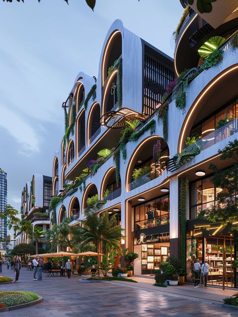 Modern Mixed-Use Building with Arched Structures and Greenery Sustainable Commercial Building, Mix Use Building Architecture Concept, Urban Community, Nature And Architecture, Architecture Blueprints, Inspirational Digital Art, Photography Movies, Mix Use Building, Environmental Sustainability