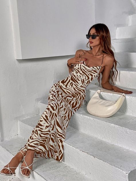 Zebra Print Maxi Dress, Vacation Outfits Women, Bride Lingerie, Zebra Dress, Shein Dress, Vacation Dresses, Long Maxi, Printed Maxi, Cami Dress