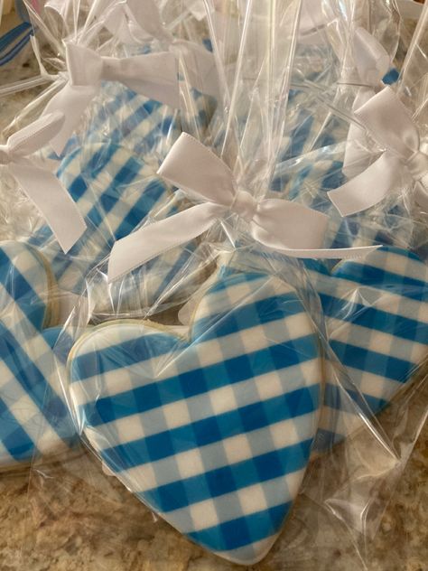 Gingham Cookies, Onesie Cookies, Square Cookies, Fancy Cookies, Heart Cookies, Bath And Bodyworks, Blue Gingham, Custom Cookies, Grad Parties